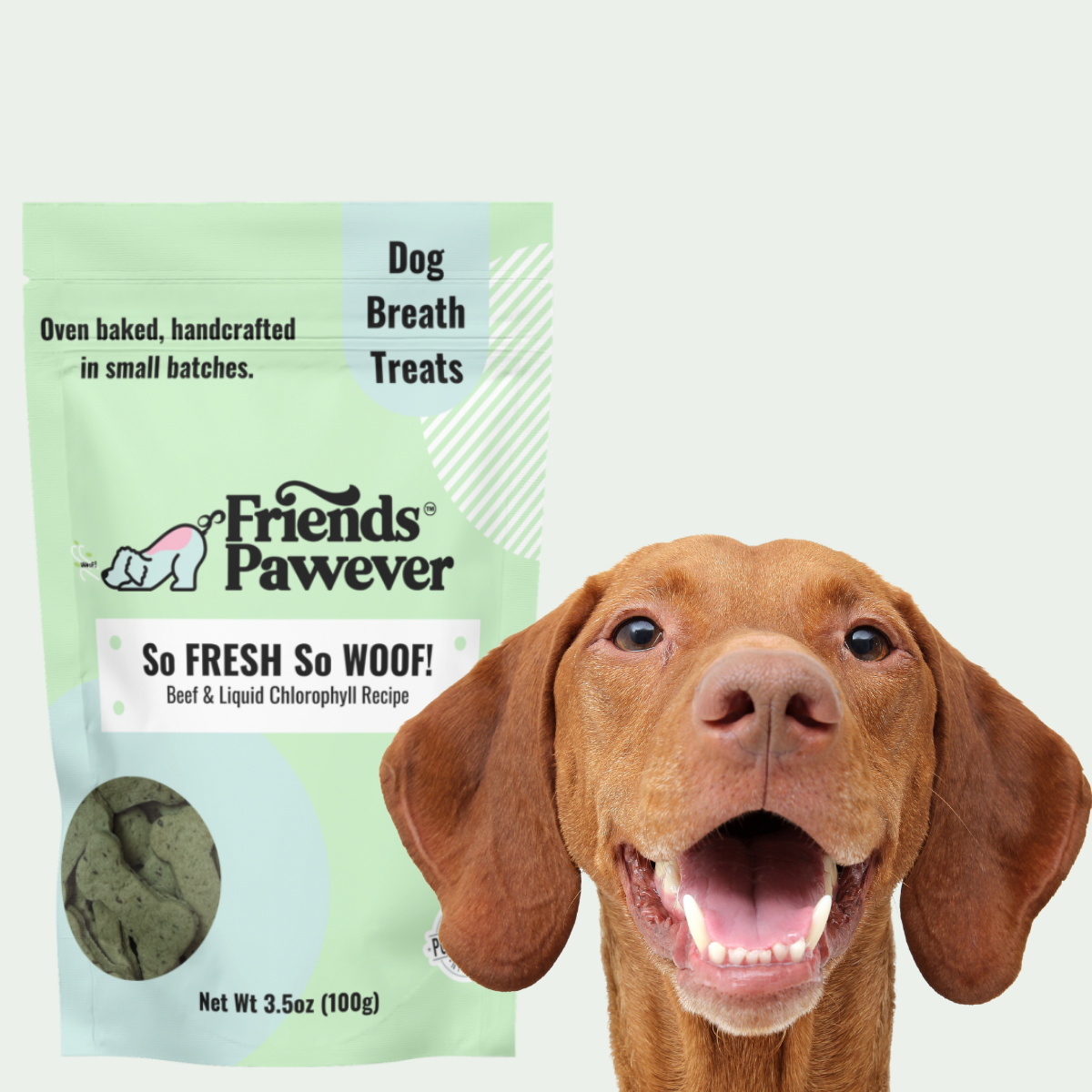 Friends Pawever So Fresh So Woof natural fresh breath dog treats with a happy dog