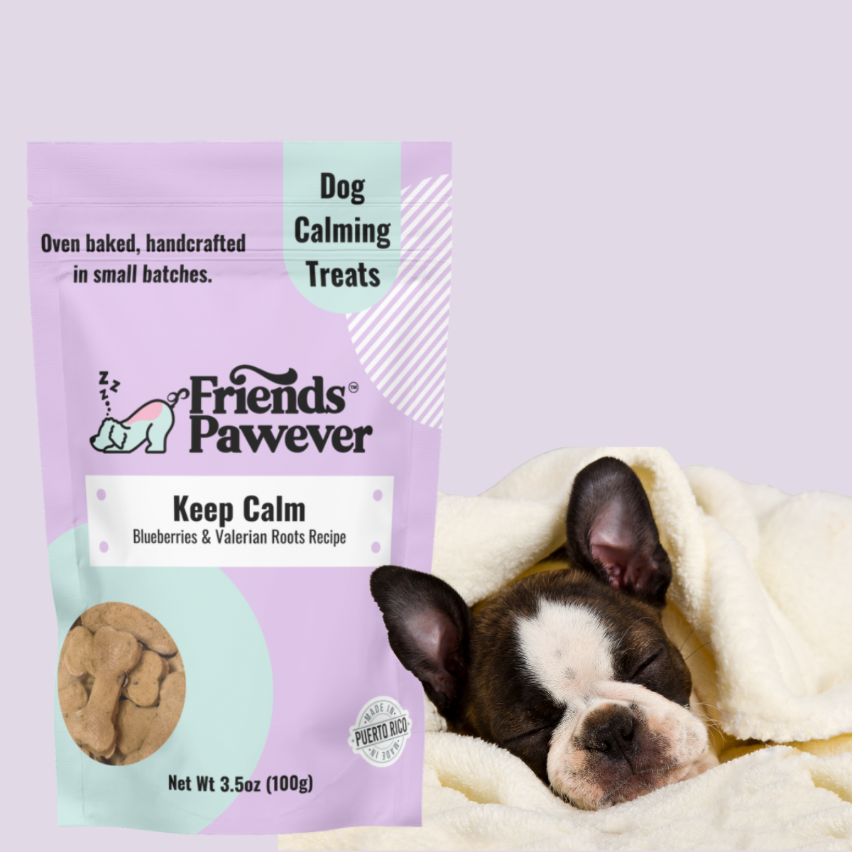 Friends Pawever Keep Calm natural calming dog treats with a sleeping dog.