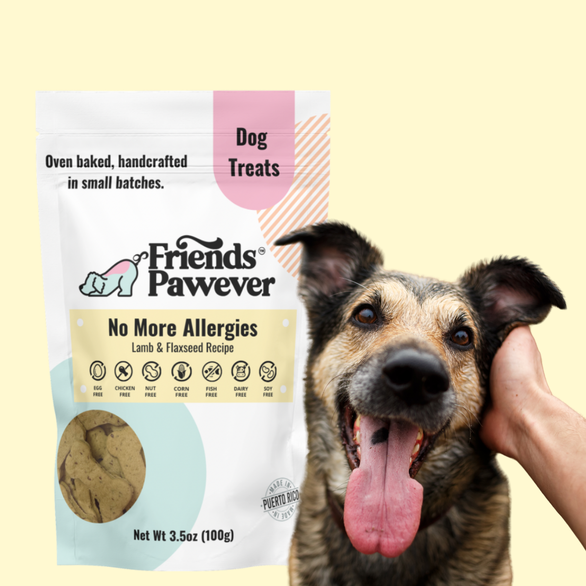Friends Pawever No More Allergies limited-ingredient lamb dog treats with a happy dog