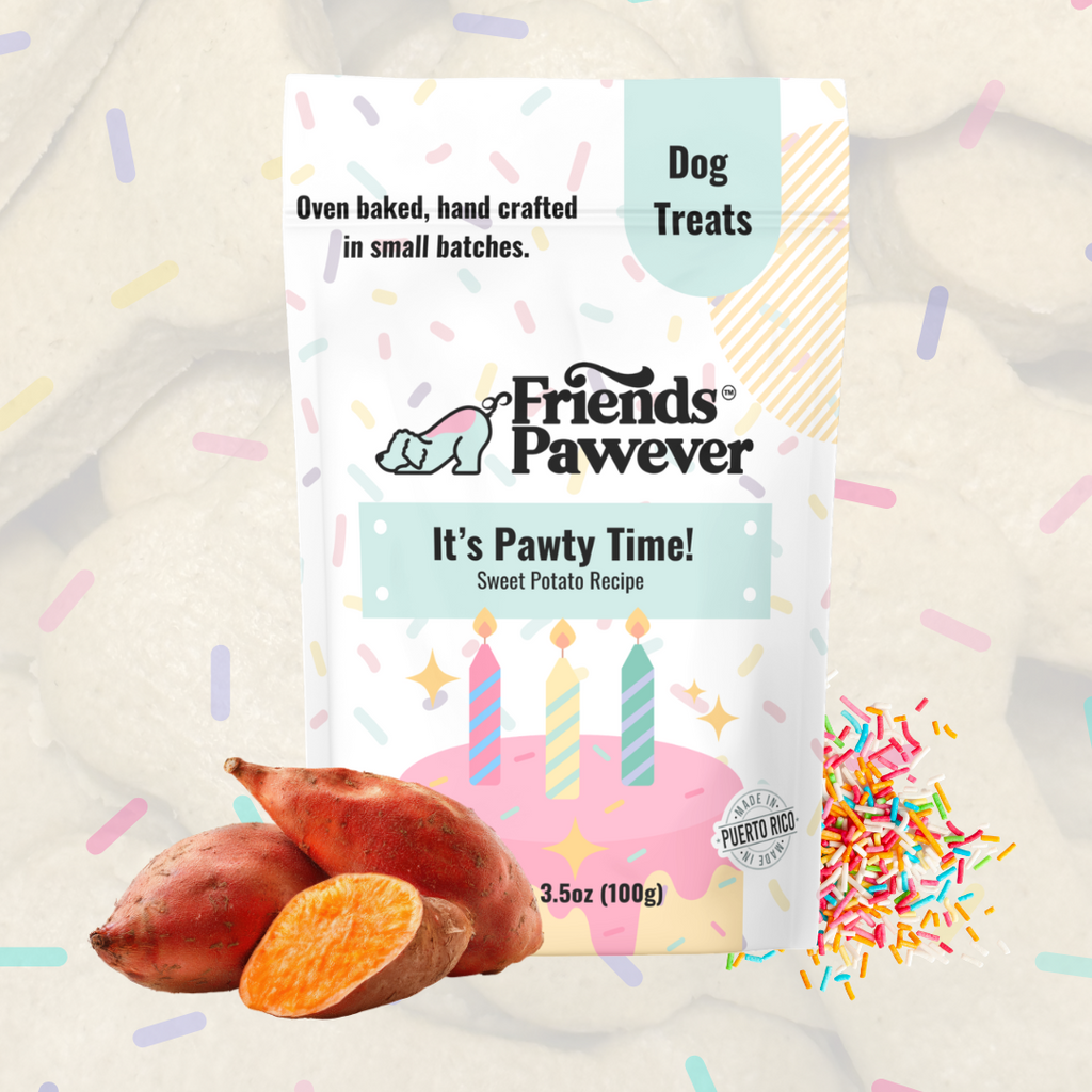 Friends Pawever It’s Pawty Time sweet potato dog treats on a celebration background