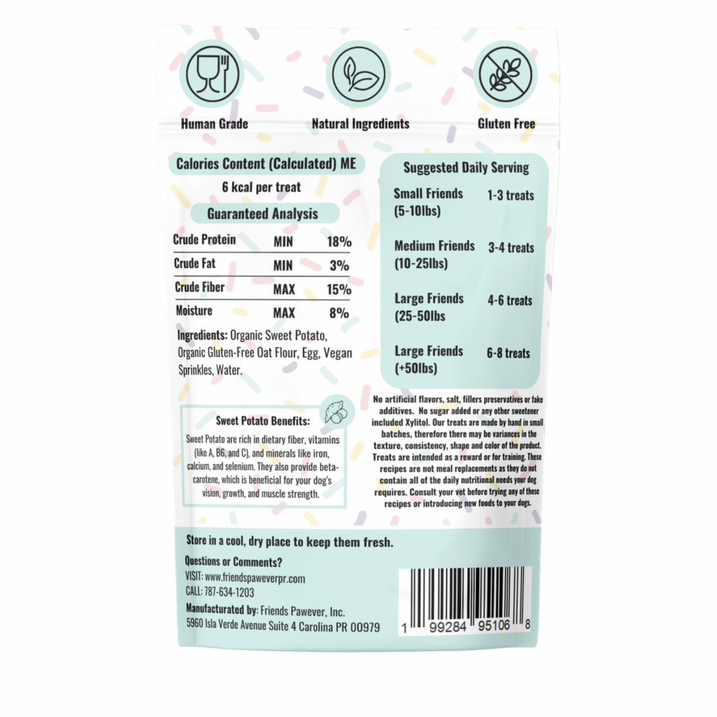 Back of Friends Pawever It’s Pawty Time dog treats bag with ingredients and feeding information