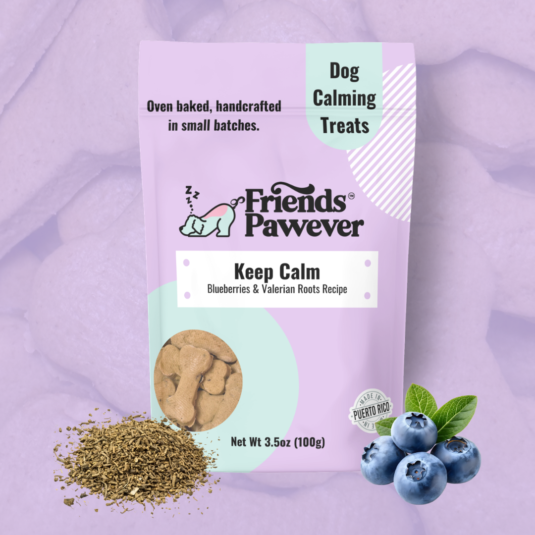 Friends Pawever Keep Calm calming dog treats on a lavender background