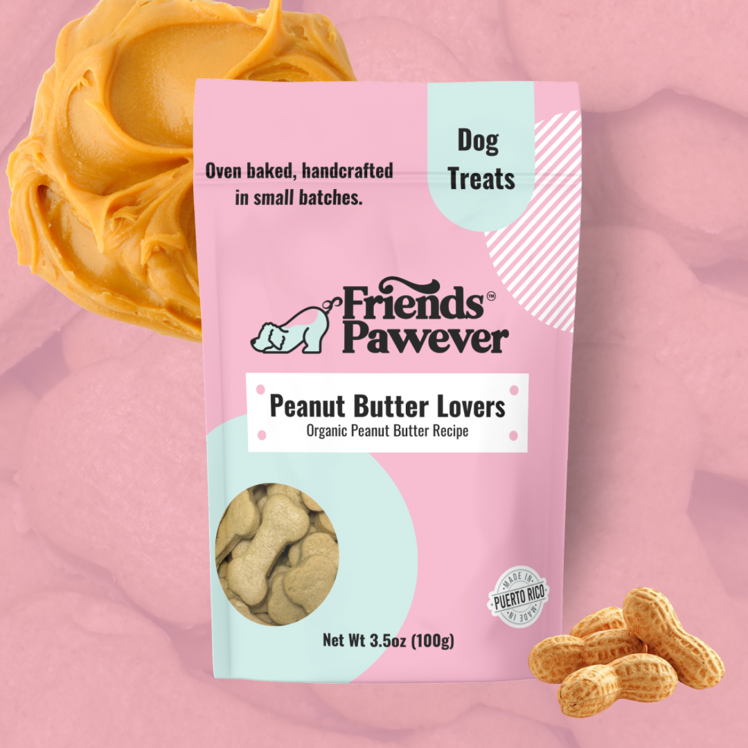 Friends Pawever Peanut Butter Lovers peanut butter dog treats on a pink background