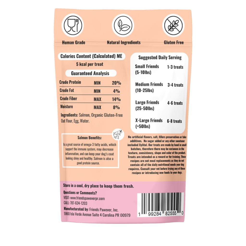 Back of Friends Pawever Salmon Fisher dog treats bag with ingredients and feeding information